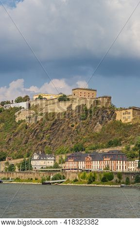 Historic Ehrenbreitstein Fortress At The River Rhine In Koblenz, Germany