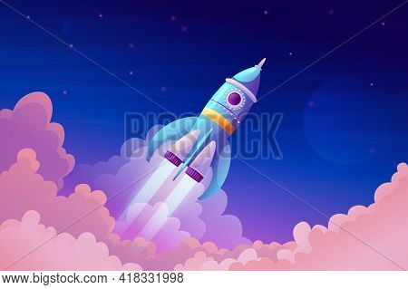Space Ship Launch, Rocket With Fire Trace And Smoke In Blue Sky Atmosphere. Takeoff Of Rocketship, F