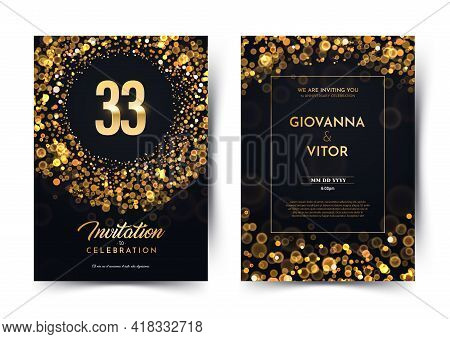33rd Years Birthday Vector Black Paper Luxury Invitation Double Card. Thirty Three Years Wedding Ann