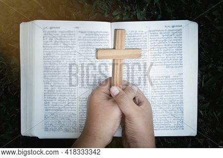 Hands Are Blessing On The Bible. Pray For God's Blessing With Faith In His Power. Thoughts Of Faith 