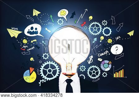 Brainstorming And Idea Concept With Glowing Light Bulb Instead Of Head On Businessman Body And Handw