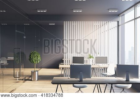 Monochrome Style Office Hall With White Wooden Slatted Partition Between Workspaces, Dark Ceiling An