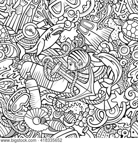 Cartoon Doodles Diving Seamless Pattern.