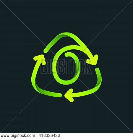 Recycling Symbol With O Letter Line Logo. Green Reuse Sign With Rotating Arrows. Vector Font For You