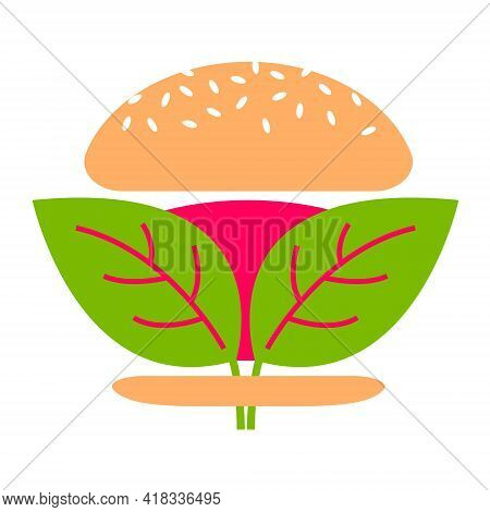 Beyond Meat Vector Icon. Plant Based Hamburger. Green Leaves Instead Of Meat Cutlet. Vegan Product M