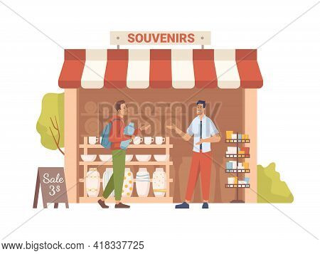 Souvenir Shop With Awning, Sale On Market, Seller Show Goods To Buyer, Flat Cartoon People. Vector S