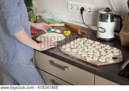Portrait Young Adult Brunette Caucasian Woman Making Dough With Roller Pin For Sweet Tasty Homemade 