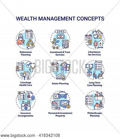 Wealth Management Concept Icons Set. Financial Planning Idea Thin Line Rgb Color Illustrations. Inve