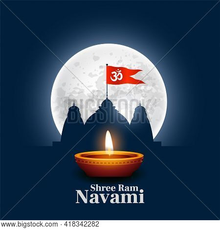 Shree Ram Navami Wishes Card With Temple And Diya Design Vector Illustration