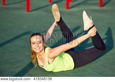 Stretching Danser Or Gymnast Woman Training In Workout Sports Ground