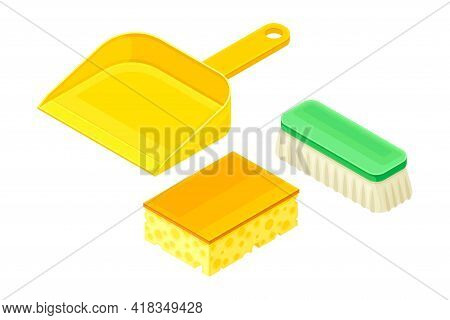 Household Cleaning Equipments With Plastic Dustpan And Brush Isometric Vector Composition