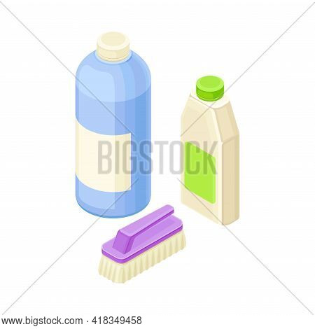 Household Cleaning Equipments With Scrub Brush And Detergent In Bottles Isometric Vector Composition