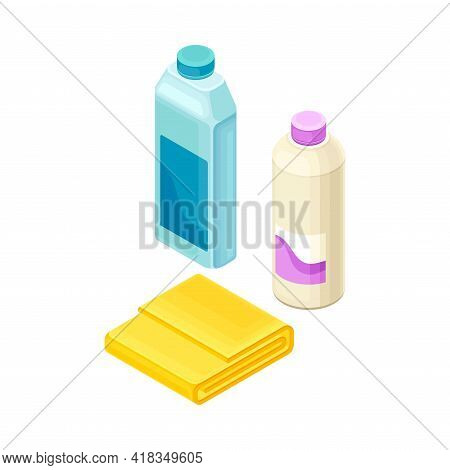 Detergent Bottles And Absorbent Cloth As Household Cleaning Equipments Isometric Vector Composition