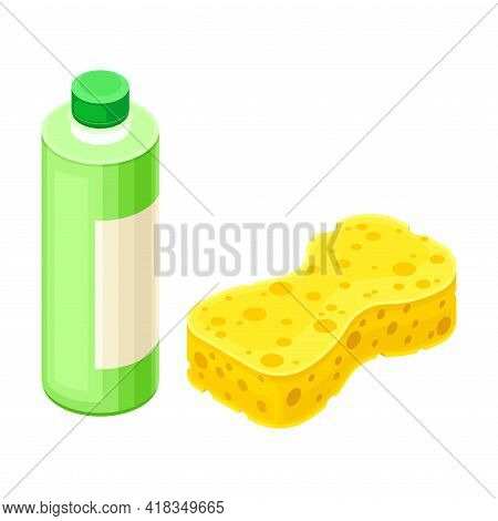 Detergent Bottle And Sponge As Household Cleaning Equipments Isometric Vector Composition