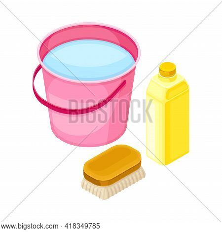 Household Cleaning Equipments With Bucket Full With Water And Detergent Isometric Vector Composition