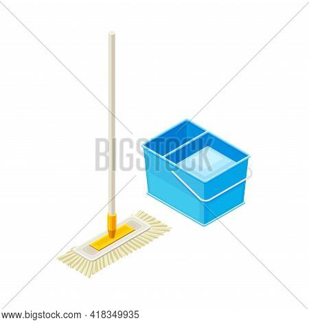 Mop And Container With Water As Household Cleaning Equipments Isometric Vector Composition