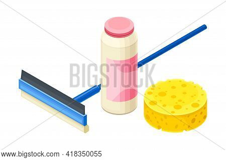 Mop With Detergent In Bottle And Sponge As Household Cleaning Equipments Isometric Vector Compositio