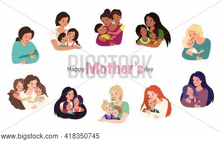 Family Avatars Set. Mom Hugs The Children. Happy Mater Day. Smiling Faces Of Caring And Loving Peopl