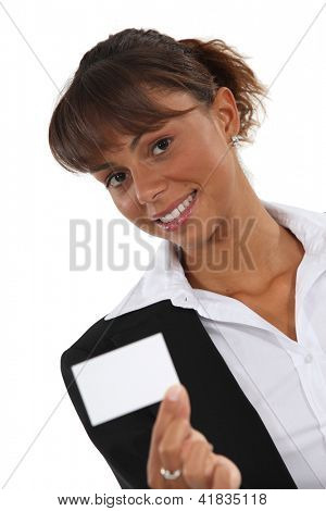 Frau holding a Business card