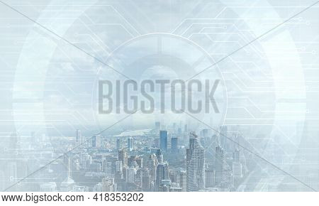 Global Cybersecurity Mixed Media With Virtual Locking Padlock On Cityscape Background. Data Cryptogr