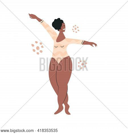 Body Positive Plump African American Woman. Plus Size Girl In Bikini Swimsuit. Chubby Large Lady Mod
