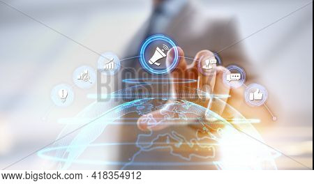 Advertising Advertising Pr Public Relations Concept. Businessman Pressing Button On Screen