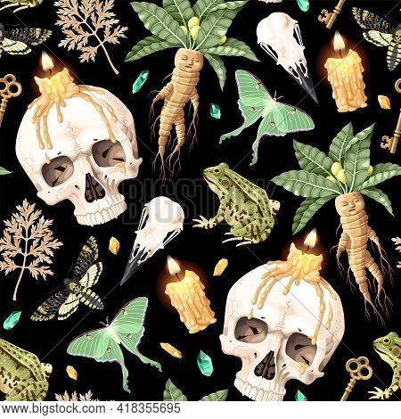 Seamless Magic Pattern With Supply For Witchcraft