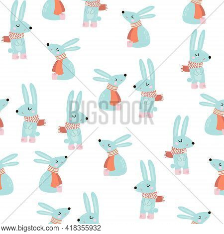 Seamless Festive Pattern With Cute Cartoon Rabbits. Vector Holiday Background
