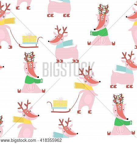 Seamless Festive Pattern With Cute Cartoon Deers. Vector Holiday Background