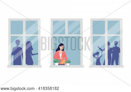 Woman Alone In Apartment Feeling Upset And Lonely, Flat Vector Illustration.