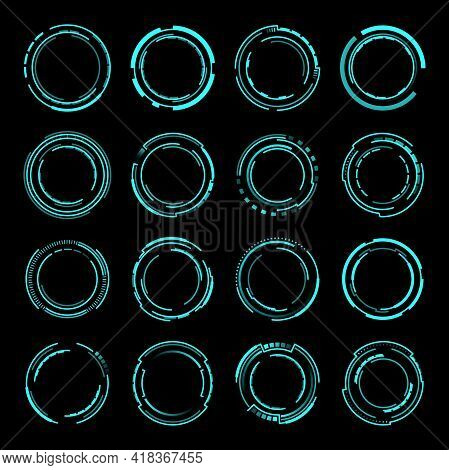 Hud Round Frames Or Borders, Vector Sci Fi Circular Neon Elements For Ui Interface. Futuristic Glowi