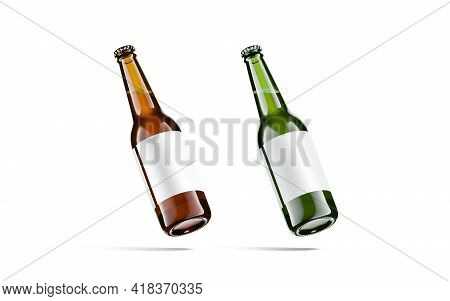 Blank Brown And Green Glass Beer Bottle White Label Mockup, 3d Rendering. Empty Unopened Container F