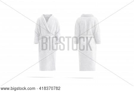 Blank White Hotel Bathrobe Mockup, Front And Back View, 3d Rendering. Empty Plush Dressing Gown With