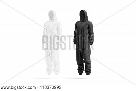 Blank Black And White Plush Jumpsuit Mock Up, Side View, 3d Rendering. Empty Fleece Slippers Or Over