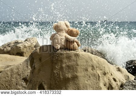 Two Small Teddy Bears Sitting On Big Sea Rock In Front Of Splasing Waves