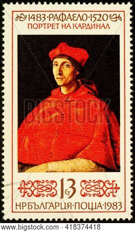 Moscow, Russia - April 25, 2021: Stamp Printed In Bulgaria, Shows Portrait Of Cardinal By Raphael, D