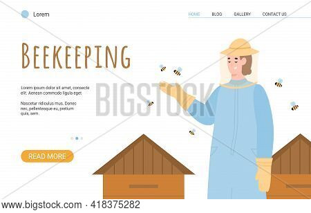 Beekeeping Website Banner With Beekeeper Or Hiver Flat Vector Illustration.