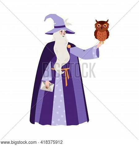 Fairy Tale Wizard Or Sorcerer With Owl Flat Vector Illustration Isolated.