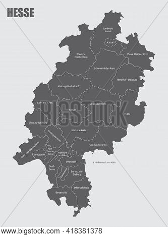 The Hesse State, Isolated Map Divided In Districts With Labels, Germany