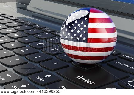 The United States Flag On Laptop Keyboard. Online Business, E-education, Shopping In The Usa Concept