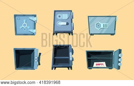 Safe Deposit. Steel Home For Money Safeness Vault Money Box Garish Vector Illustrations