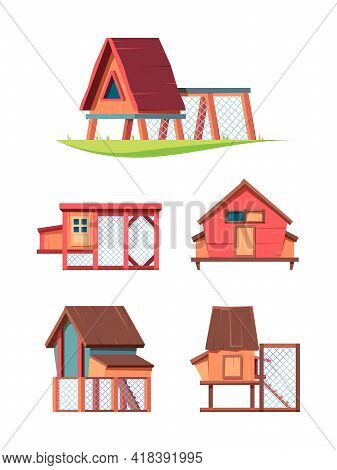 Chicken Coop. Hen Comfortable House In Village Broiler Farms Poultry Garish Vector Flat Wooden Const