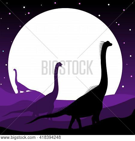 Silhouettes Of Dinosaurs On The Background Of The Moon. 
Silhouettes Of Dinosaurs Against The Backgr