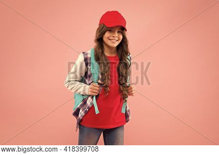 Back To School Is Here. Happy Child Carry Backpack Pink Background. Little Girl Back To Learning. Ba