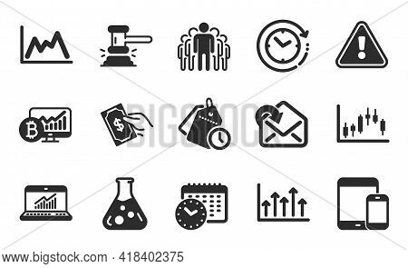 Mobile Devices, Diagram And Growth Chart Icons Simple Set. Receive Mail, Pay Money And Time Manageme