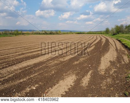 Landscape With Agricultural Land Plowed, Prepared For Harvest. Agricultural Landscape, Arable Land F