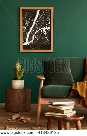 Stylish Living Room In House With Modern Retro Interior Design, Velvet Sofa, Carpet, Stool, Brown Wo