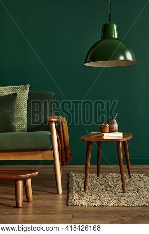 Minimalist Living Room Interior In Stylish House With Design Velvet Sofa, Carpet On Floor, Brown Woo