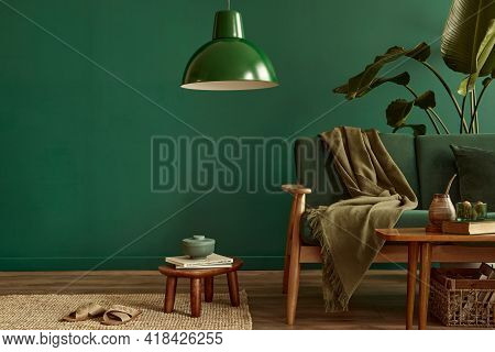Minimalist Living Room Interior In Stylish House With Design Velvet Sofa, Carpet On Floor, Brown Woo