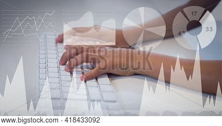 Composition of digital icons and data processing over woman typing on computer keyboard. global technology and digital interface concept digitally generated image.